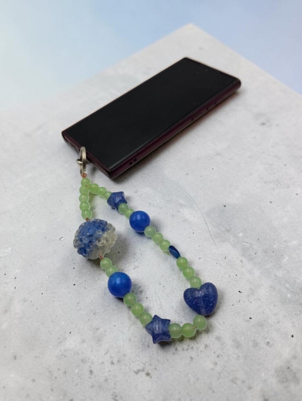 Handmade Blue and Green Beaded Phone Charm